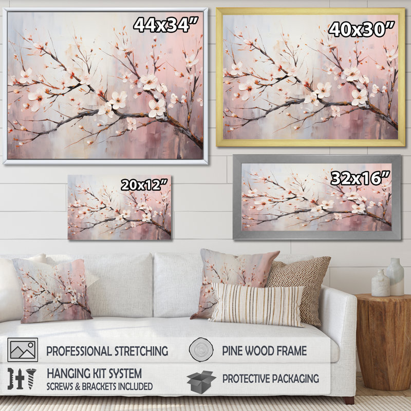 Cerisier rose et blanc 2 - Art mural cerise, Cadre flottant brun, H 24 po x l 32 po x P 1 po