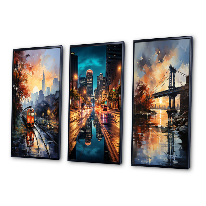 «Colorful New York Bronx», 3 pièces sur toile, Cadre flottant noir, H 32 po x l 48 po