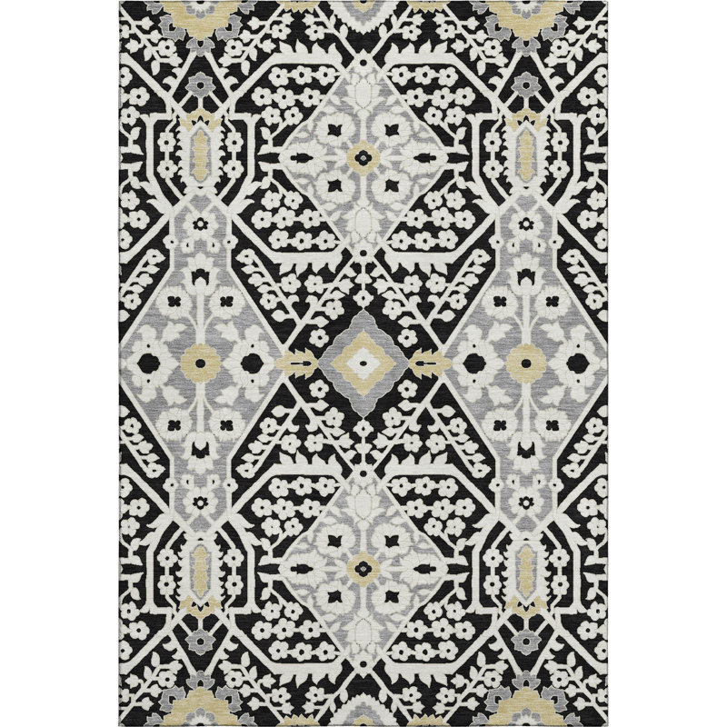 Premium Machine Washable Prisco Black Rug, Rectangle 3' x 5'