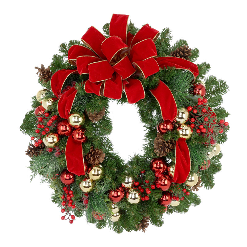 32" Holiday Wreath With Pinecones, Berries, Ornaments And A Velvet Bow
