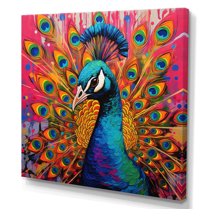 Bleu sarcelle, Pop Art, paon - paon, art mural sur toile, H 16 po x l 16 po x P 1 po, Toile tendue