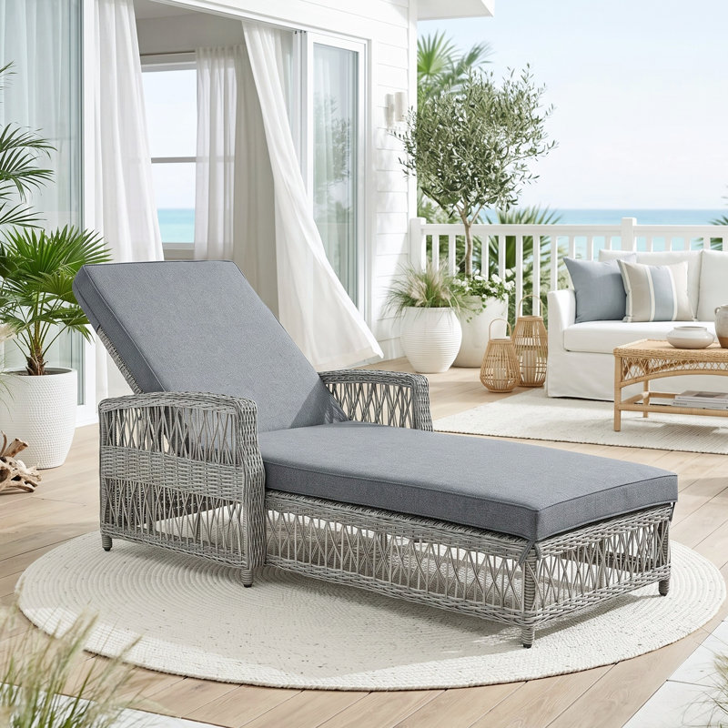 Chaise longue d'extérieur en osier avec coussins, Gris, 1 pièce