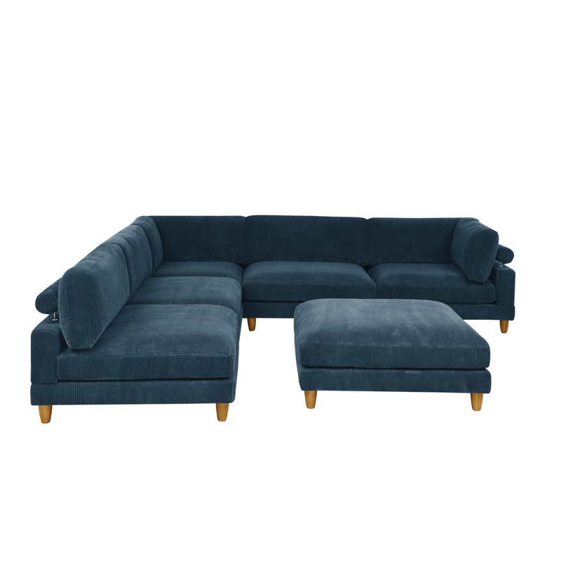 Canapé modulaire à large assise en velours côtelé, Velours côtelé bleu foncé, H 34 po x l 178 po x P 89 po