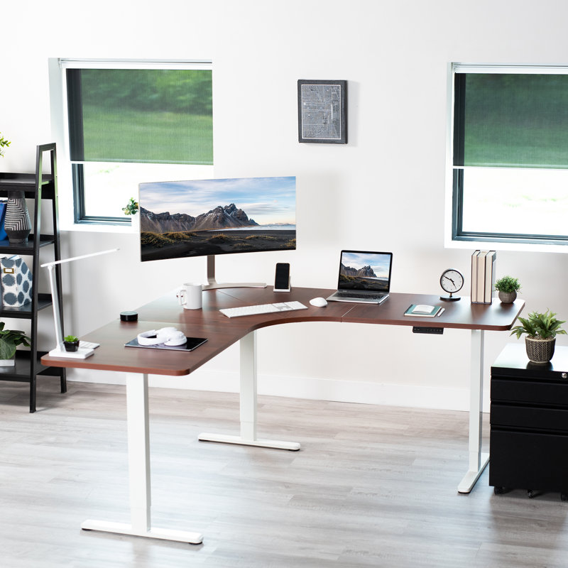Dark Walnut and White L-Shaped Electric Adjustable Standing Desk