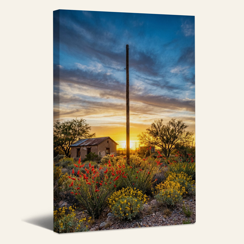 «Rustic Adobe House and Red Wildflowers at Sunset», art mural sur toile, H 18 po x l 12 po