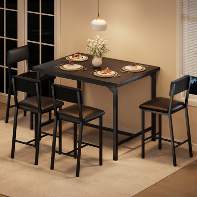 Dining Table Set for 4, Footrest & Backrest, 5-Piece Kitchen Table Set with Corner Protector