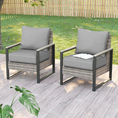 2 Pcs Patio Rattan Chair Set Outdoor Wicker Ottomans with Removable Cushion