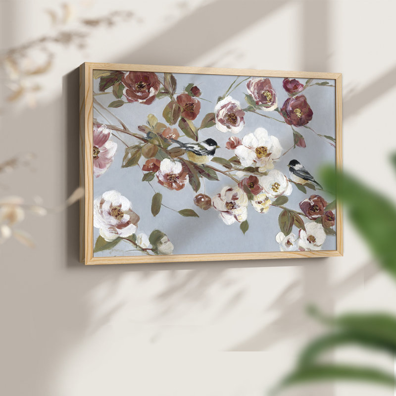 Chickadees and Blossoms II - Reproduction encadrée - Restickable, Naturel, H 11 po x l 14 po