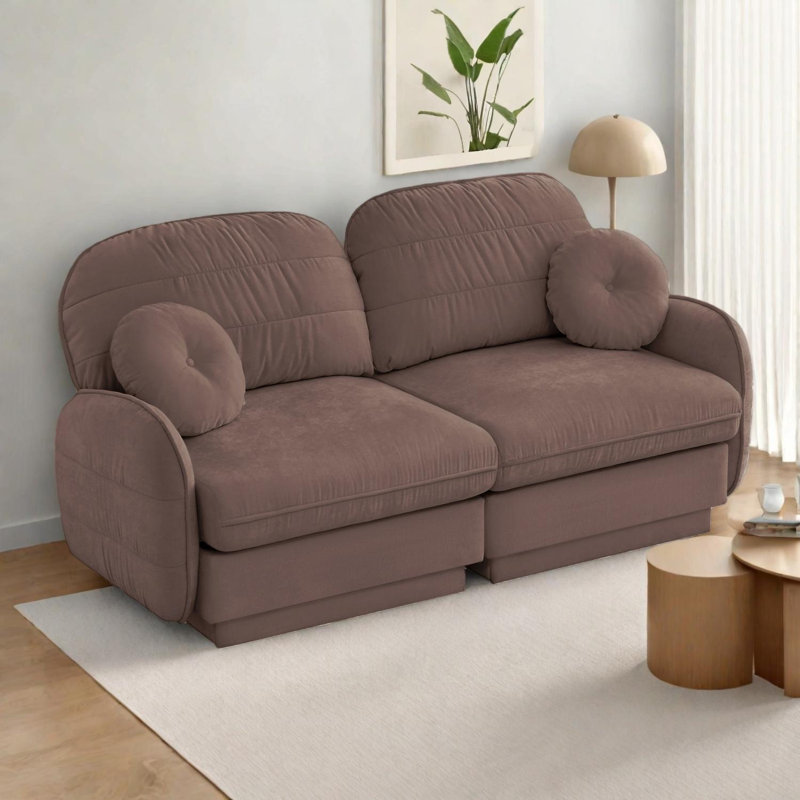 Canapé modulaire en chenille avec coussins ronds, coussins de dossier matelassés et assise profonde Chenille, Rose poussière