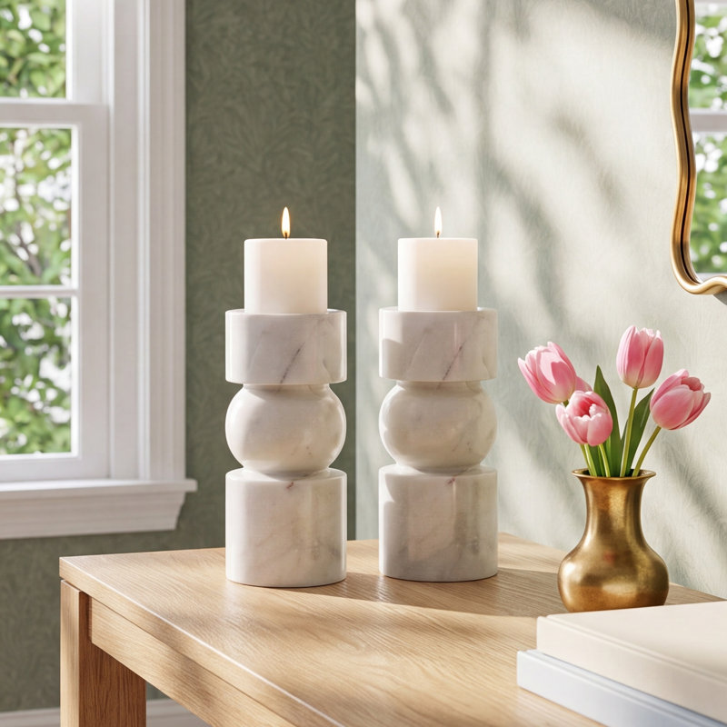 Keaton 2 Piece Marble Tabletop Pillar Set, 8" H x 3.75" W x 3.75" D