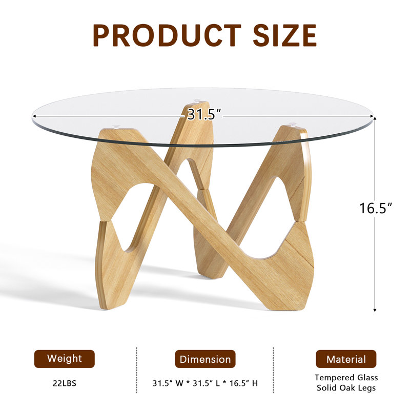Round Coffee Table with Solid Wood Legs, Minimalist Table for Living Room, Clear Top/Oak Base
