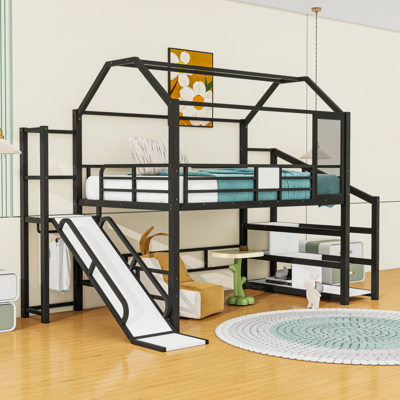 Lit mezzanine avec glissière et escalier, Noir, Complète
