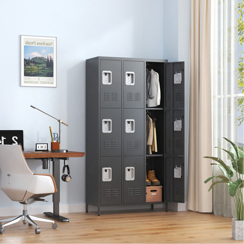 9 Door 72"H Metal Lockers With Lock For Employees,School,Office,Gym,Bedroom,Storage Locker Cabinet,Gray,Assembly Required,Black