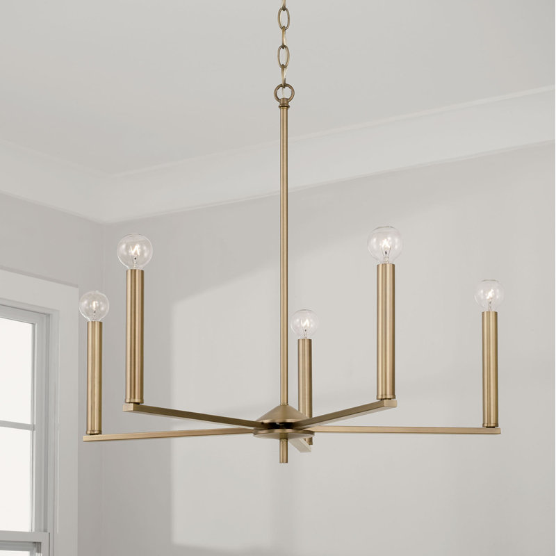 5 - Light Dimmable Modern Linear Chandelier, Aged Brass