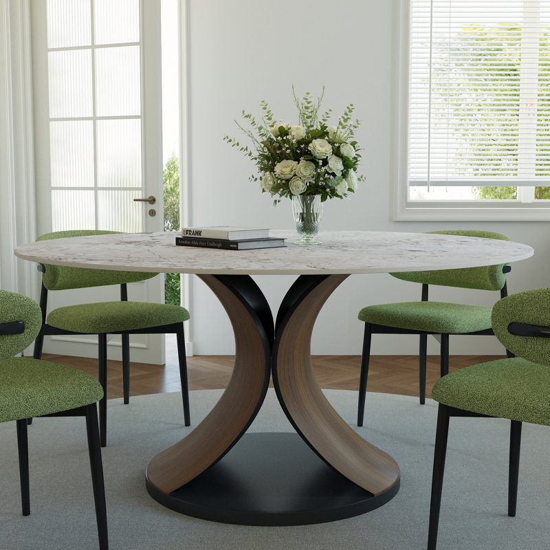 7Pcs Round Dining Set X-Shape Pedestal, H 29,52 po x l 53 po x P 53 po, Crème, Vert