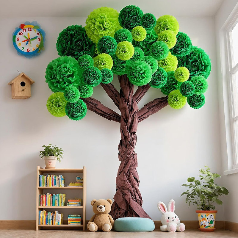 Ensemble de babillard d'arbre de classe 3D - Arbre en carton bricolage avec pompons en papier Kraft