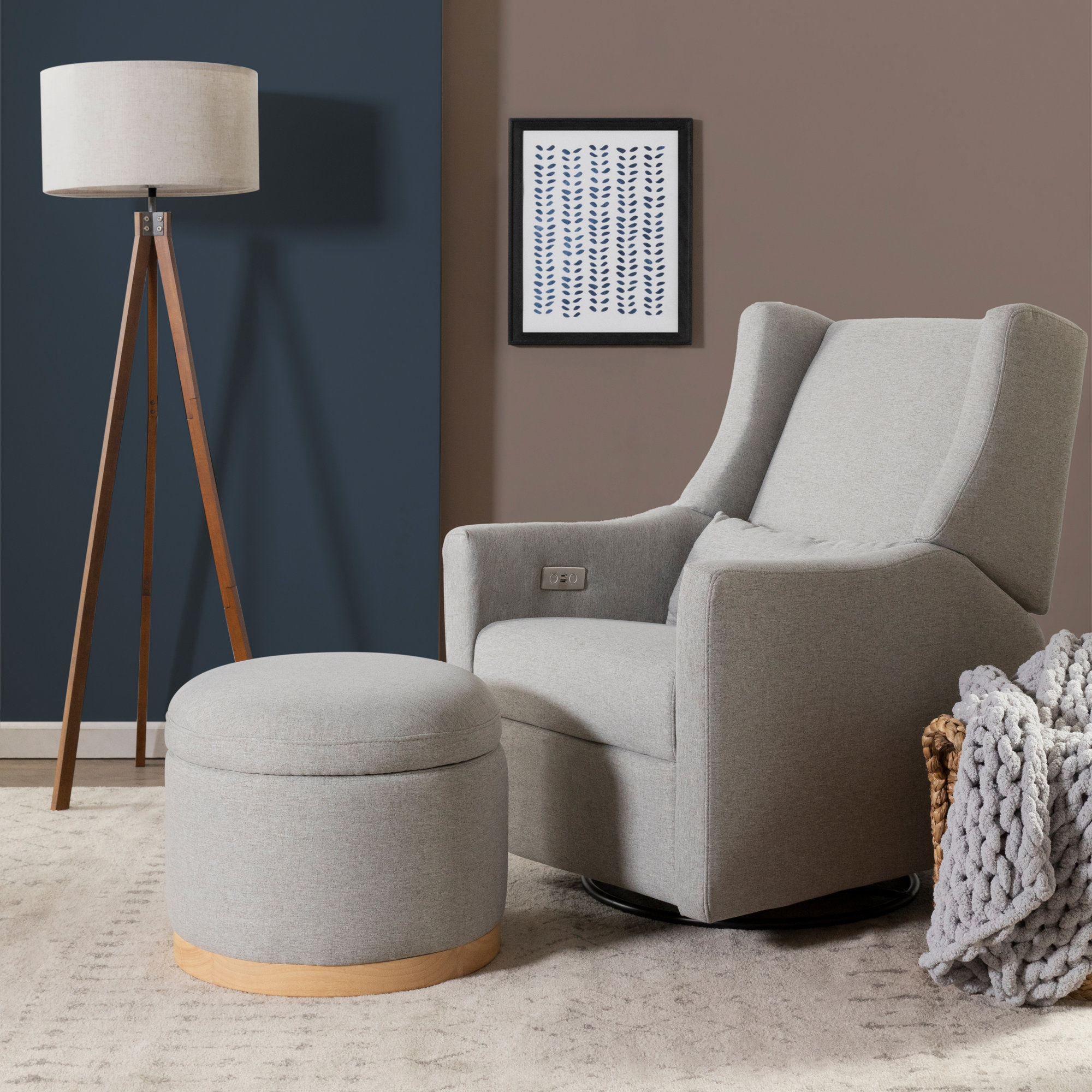 Naka 21.5" Wide Round Storage Ottoman with Storage, Light Brown, Gray Revolution Performance Fabrics