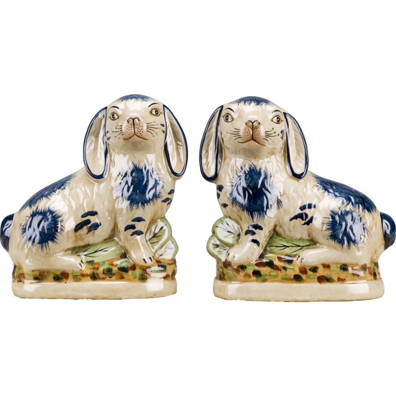 Small Staffordshire Bunny Hares Figurine, Blue/Cream, 8" H x 4" W x 8" D