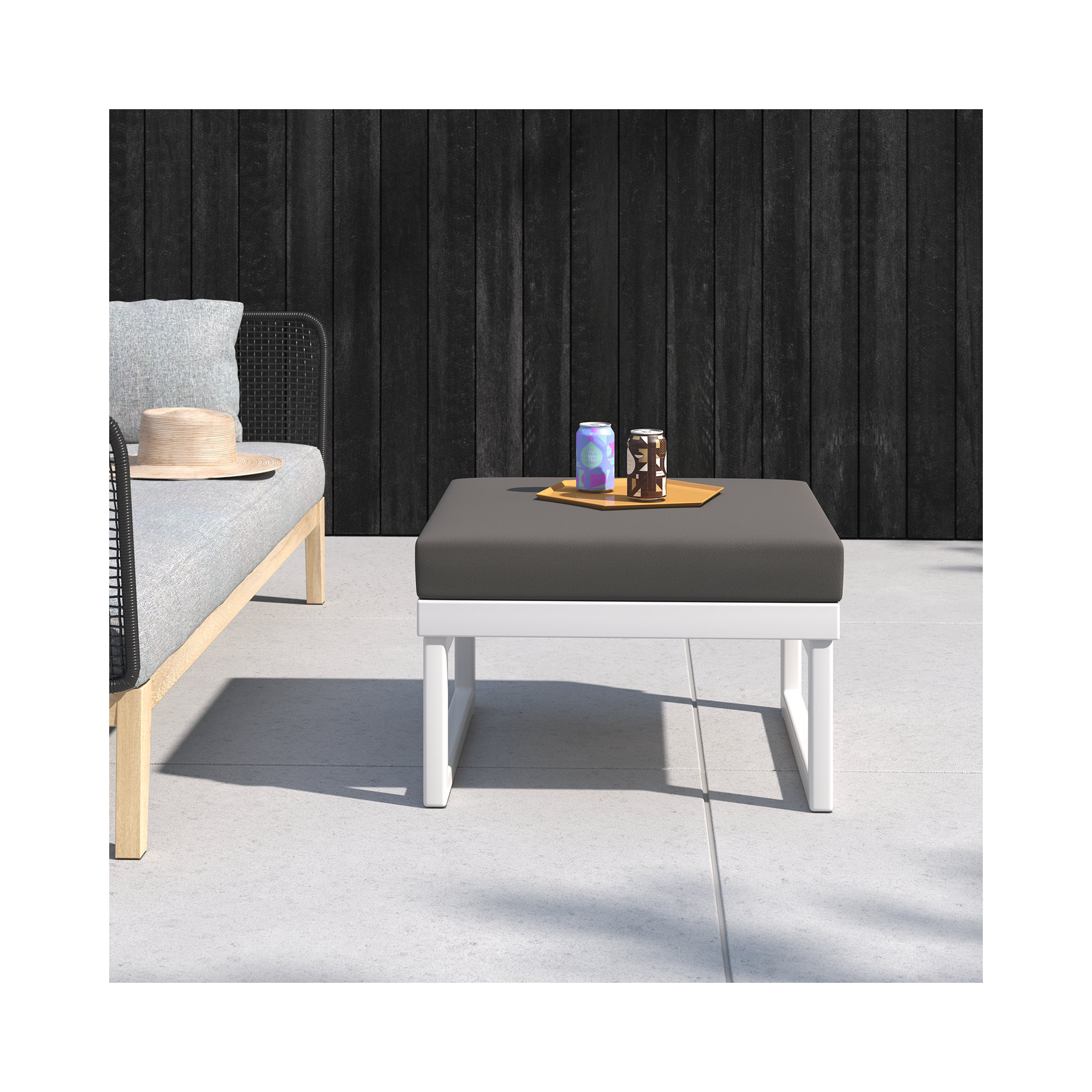 Lane Upholstered Outdoor Ottoman with Cushion, White, Charcoal