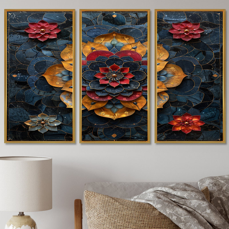 Fleur de lotus rouge, pétales dorés - ensemble d'art mural mandala boho, Cadre flottant doré, H 40 po x l 60 po x P 1 po