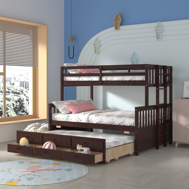 Genai Kids Twin Over Full Bunk Bed with Trundle with Drawers, Dark brown
