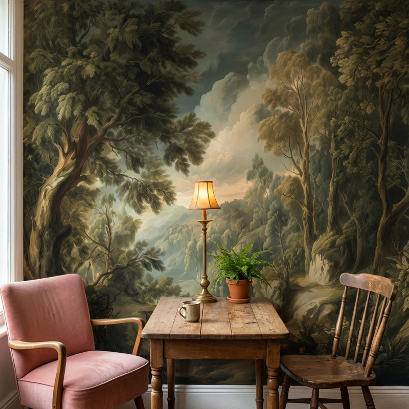 Papier peint paysage forestier, arbres, fresque murale vintage, 200"x120", Peel and Stick