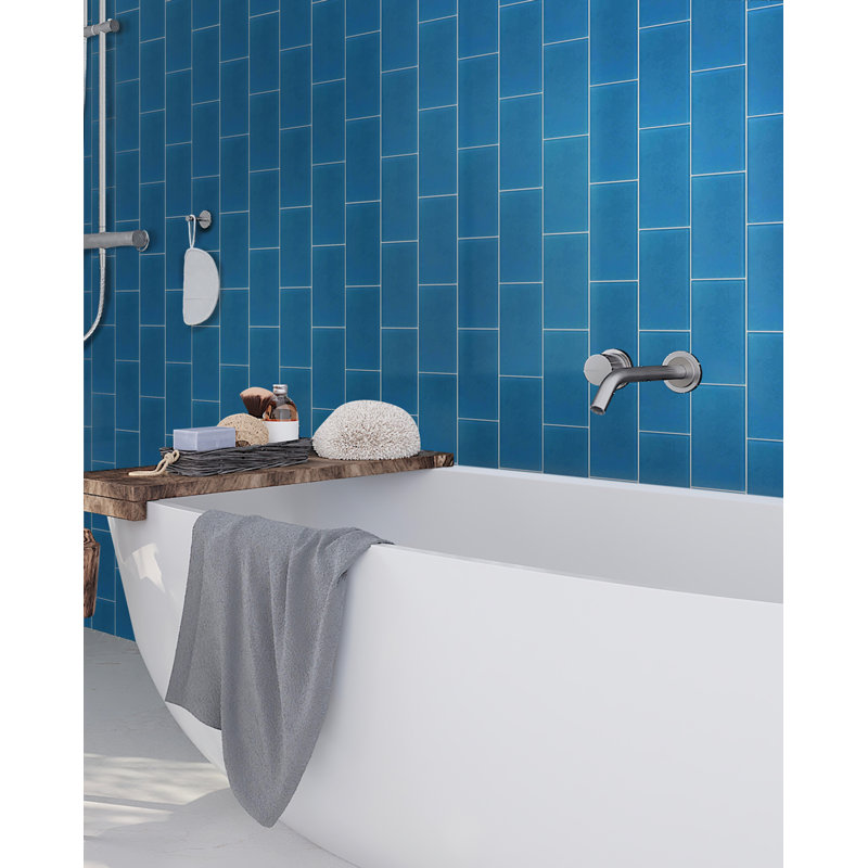 3"X 6" Polished Glass Subway Tile, Blue
