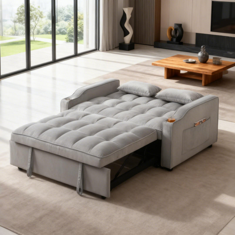 Canapé-lit futon moderne en velours avec canapé-lit, petit canapé-lit avec dossier inclinable réglable, coussins décoratifs, poches, meubles de salon, canapé-lit convertible 3 en 1