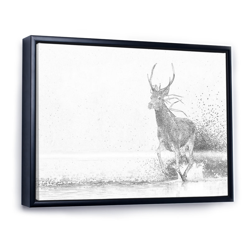 Cerf noir et blanc croquis - reproduction de cadre flottant sur toile, H 12 po x l 20 po x P 1 po, Cadre flottant noir