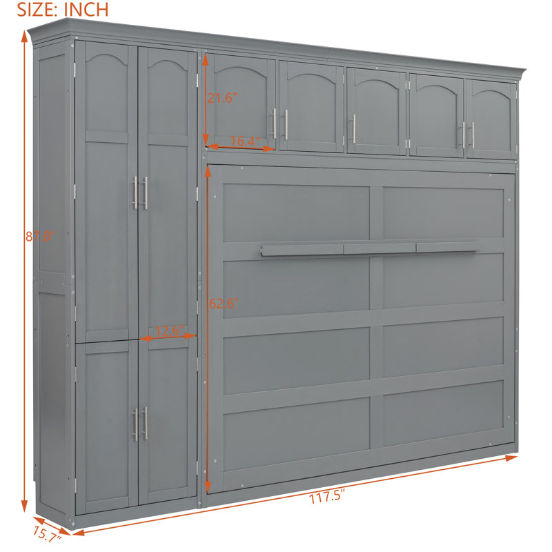 Grand lit escamotable mural avec armoires, gris