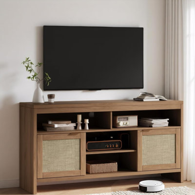 Meuble télé de style bohème pour téléviseur de 65 po ou moins (58 po) avec meuble télé en bois moderne avec rangement et tablettes réglables