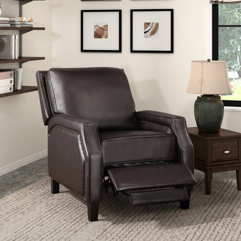 Dark Brown Push Back Reclining Chair, Solid Wood, Foam Padding Seat Wood Frame Seat, Upholstery, Metal Reinforced, Dark Brown
