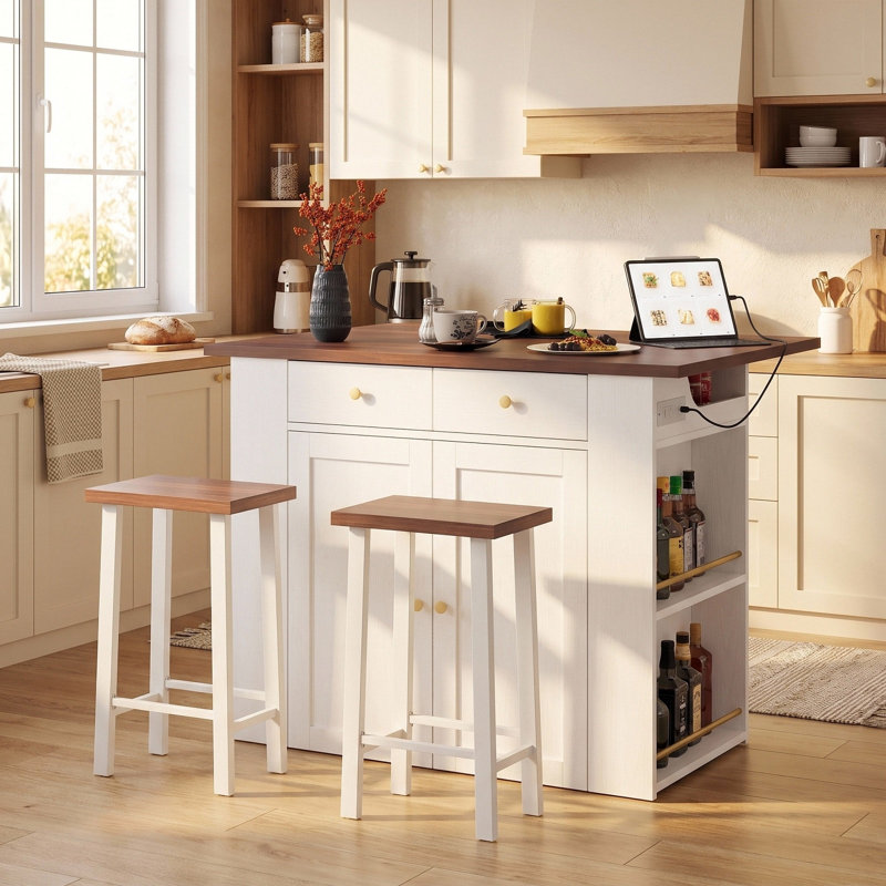 Lujane 3-Piece Drop Leaf Kitchen Island Set, Brown Wood, White