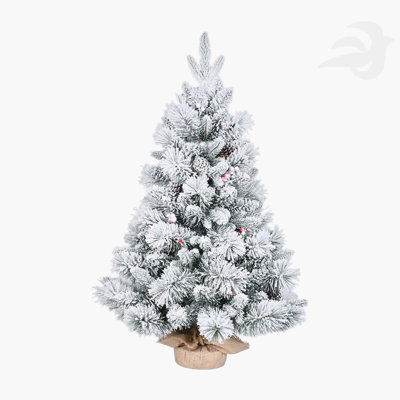 3FT Flocked Artificial Christmas Tree: PE/PVC & Pine Needle Branches, 170 Tips, Decorated With Pine Cones & Red Berries, For Tabletop/Entryway/Office Decor