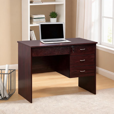 Three locking drawers on metal glides Student Desk Work Desk Modesty Panel Metal Bar Handles Mahogany color