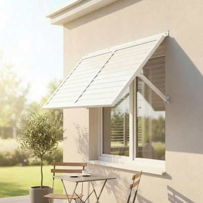Auvent Ridge en métal 4,6 - blanc, extérieur en aluminium avec finition contemporaine, charnière continue et solin, pré-conçu pour l'extérieur, attaches en acier inoxydable, largeur de 54 po, hauteur de 35,16 po, profondeur de 1 po