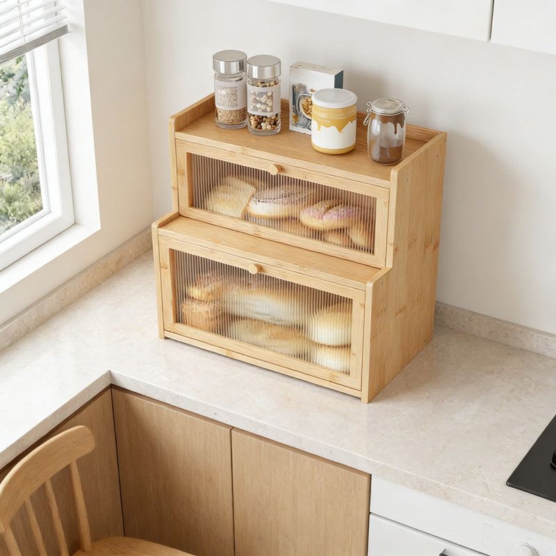 Boîte à pain en bambou à double couche avec fenêtre de visualisation, rangement de comptoir pour le pain, les pâtisseries et les essentiels de cuisine
