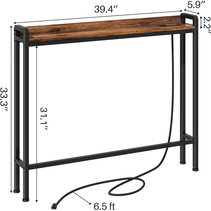 Rustic Brown Narrow Console Table With Built-In Power Outlets, 2 Outlets & 2 USB Ports, Adjustable Anti-Tilt, 6.5Ft Cord, 39.4" L X 33.3" H X 5.9" D, Behind Sofa Entryway Table