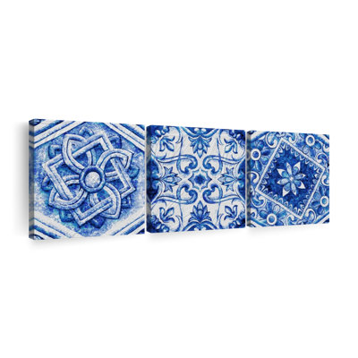 Ensemble de 3 carreaux de céramique baroque bleu sur toile