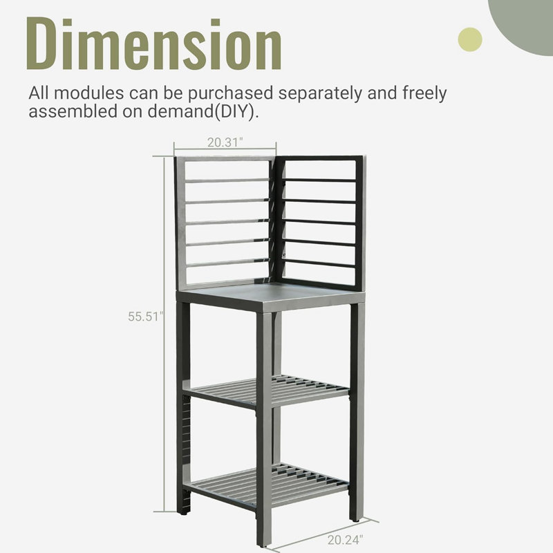 Îlot de comptoir de cuisine extérieur: conception modulaire, zone de préparation des aliments, largeur de 20,19 po x hauteur de 56,42 po, unité de rangement à finition grise: pieds de niveleur réglables, 56,42 po,