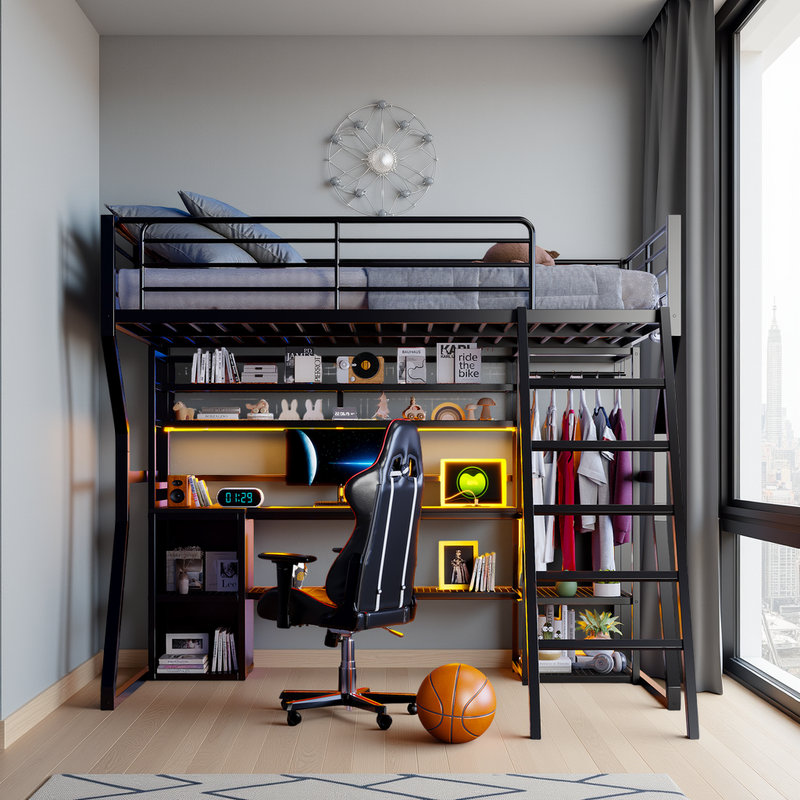 Lit mezzanine avec rangement ouvert DEL