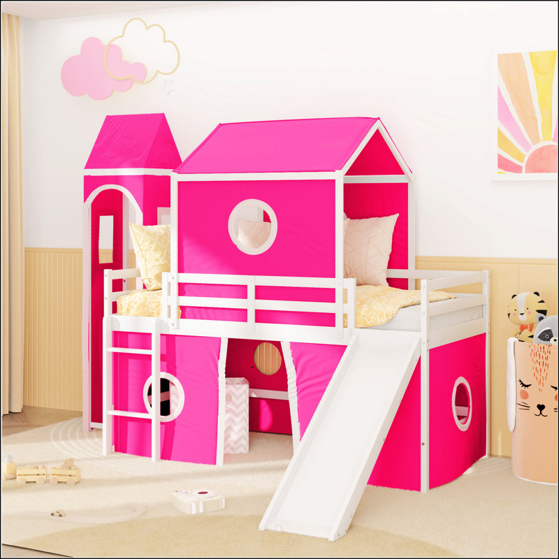 Lit mezzanine simple avec tente et tour rose Slide