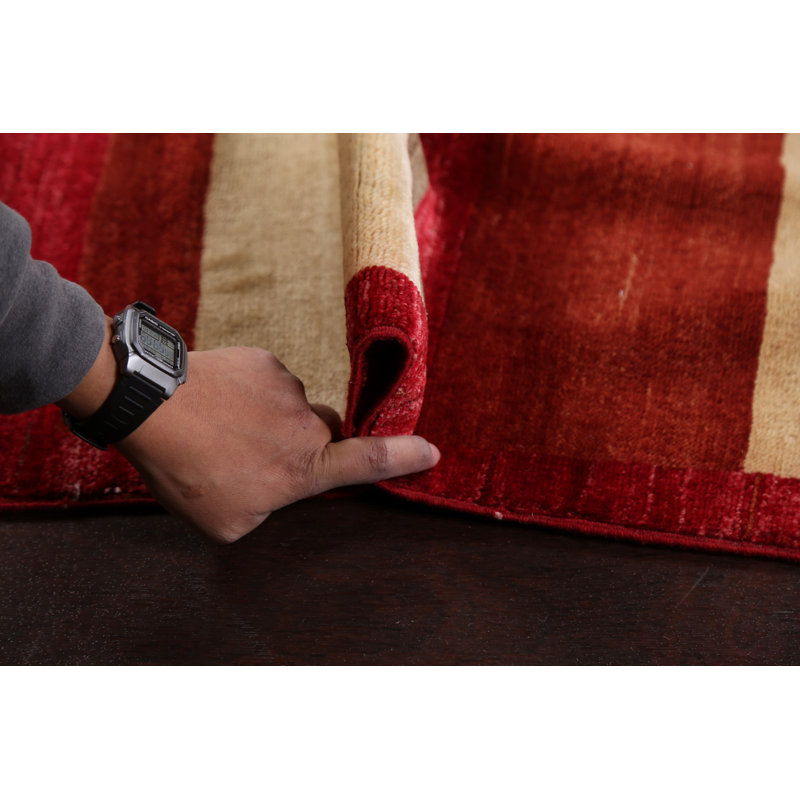 Tapis rouge / beige en laine noué à la main de conception unique 4 pi 3 po x 6 pi 2 po New Age