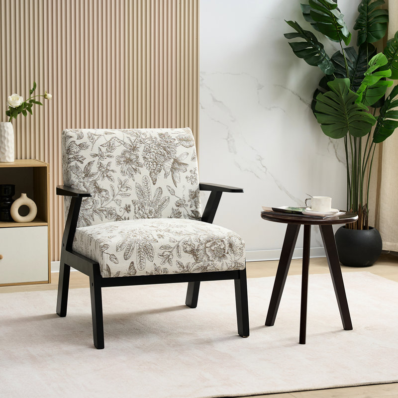 Fauteuil de salon beige et gris de style Mid-Century moderne, revêtement brodé, ergonomique, capacité de 350 lb, base en bois d'hévéa, idéal pour étudier, rembourrage de 28,35 po de profondeur