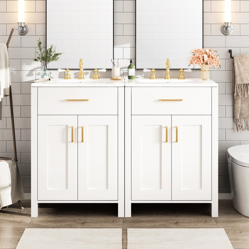 Meuble-lavabo de 48 pouces avec deux lavabos en céramique, des pieds en bois massif, des panneaux et des poignées dorées élégantes pour un espace double élégant avec finition peinte, conception de porte à fermeture en douceur, réglable en forme de U