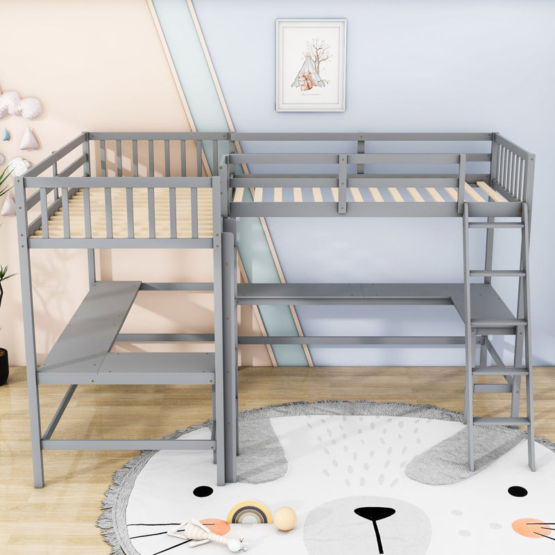 Lit mezzanine simple en bois en L avec bureau intégré et échelle, conception peu encombrante, Gris