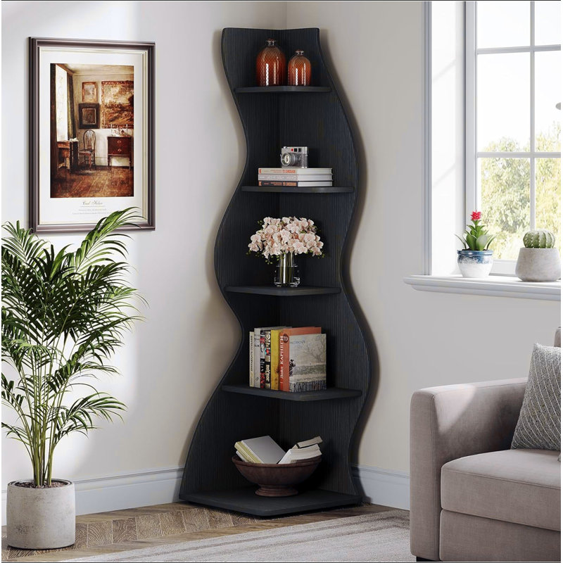 Bibliothèque et support d'angle à 5 niveaux 69,8 po pour salon, Noir