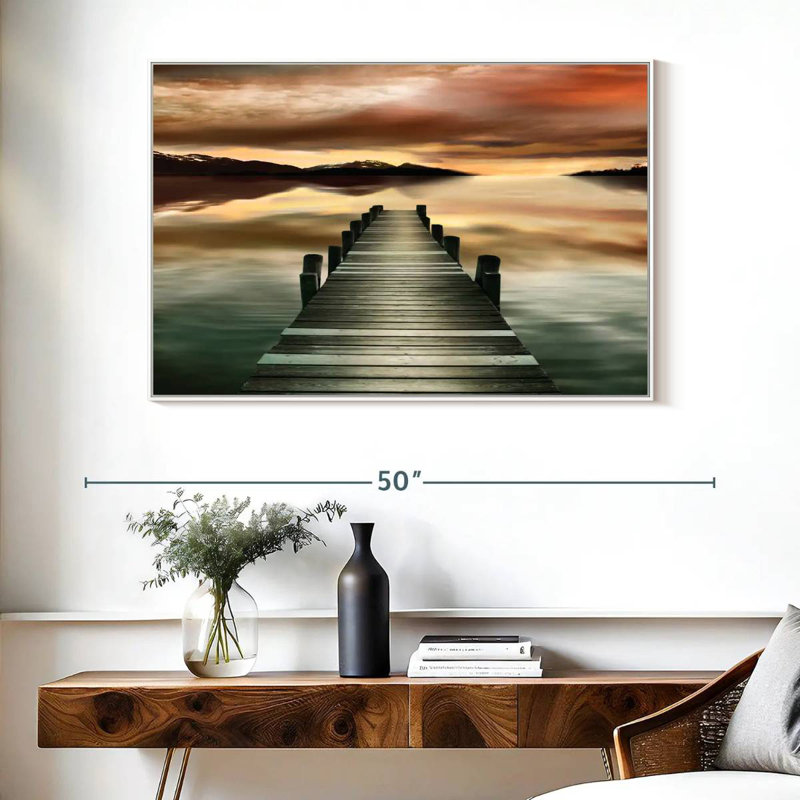 Jetée au coucher du soleil, Cadre flottant blanc, 40 po x 27 po