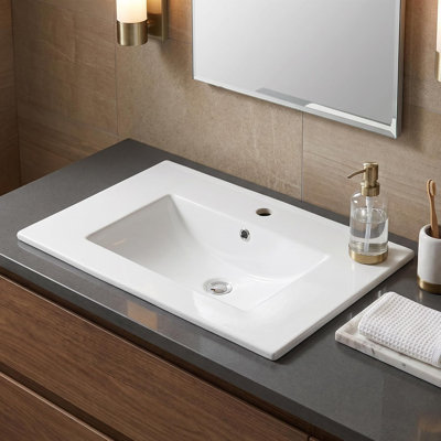 Modern Rectangular Ceramic Bathroom basin – 30 Inch Drop-In Porcelain Vanity Basin with Overflow, Easy-Clean Surface, Single Faucet Hole – Ideal for Home or Hotel – Single Hole