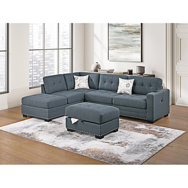 Canapé modulaire rembourré en L avec repose-pieds, Gris foncé